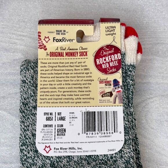 Two Pairs GREEN Rockford Red Heel Socks LARGE Sock Monkey USA Fox River Mills - Picture 4 of 5